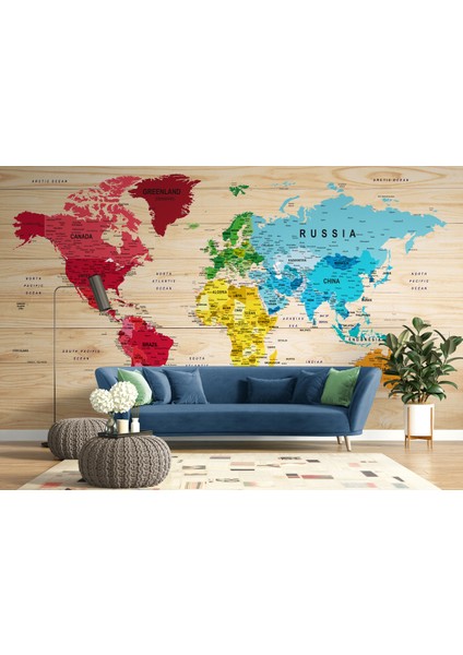 Ingilizce Dünya Haritası Duvar Kağıdı Ahşap Görünümlü Detaylı -1812