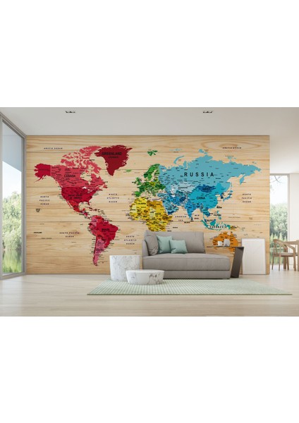 Ingilizce Dünya Haritası Duvar Kağıdı Ahşap Görünümlü Detaylı -1812 fiyatları