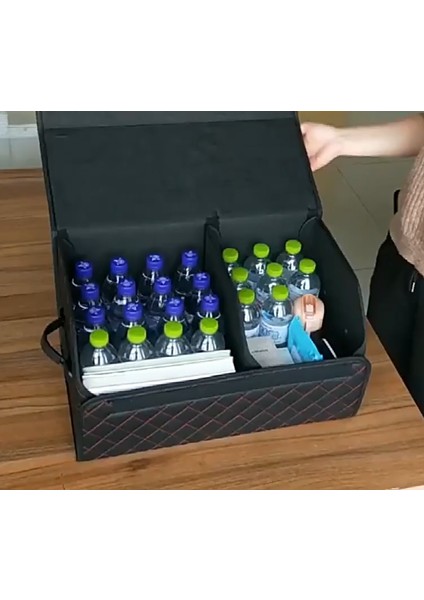 Premium Oto Bagaj Organizeri Baklava Desenli Deri Bagaj Çantası Düzenleyici Kutu Çanta- Siyah+Siyah indirimleri