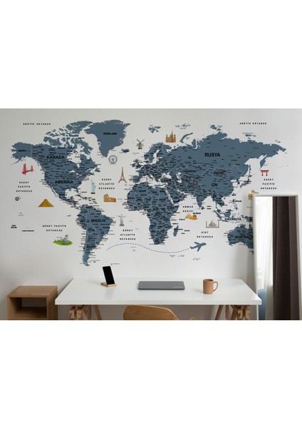 Türkçe Dünya Haritası Son Derece Ayrıntılı Eğitici ve Sembollü Duvar Kağıdı-3188