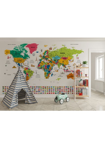 Türkçe Dünya Haritası Eğitici-Öğretici Sembollü Bayraklı Dekoratif Duvar KAĞIDI-2870