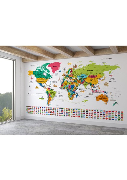 Türkçe Dünya Haritası Eğitici-Öğretici Sembollü Bayraklı Dekoratif Duvar KAĞIDI-2870 fiyatları