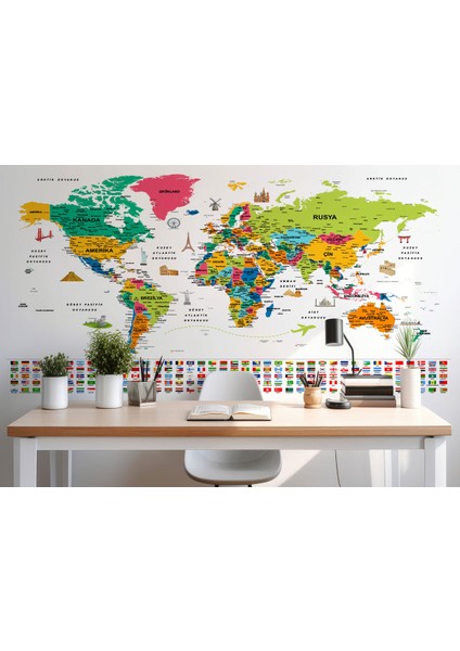 Türkçe Dünya Haritası Eğitici-Öğretici Sembollü Bayraklı Dekoratif Duvar KAĞIDI-2870 fırsatları