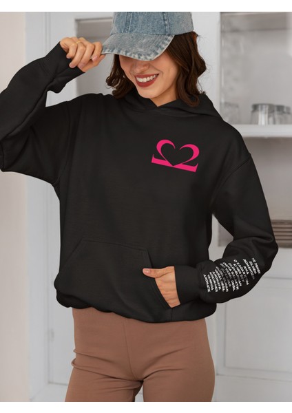 Motive Romantik Ön ve Sırt Baskılı Kol Detaylı Pamuklu Oversize Unisex Siyah Sweatshirt