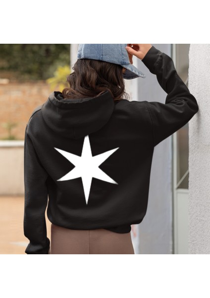 Motive Romantik Ön ve Sırt Baskılı Kol Detaylı Pamuklu Oversize Unisex Siyah Sweatshirt