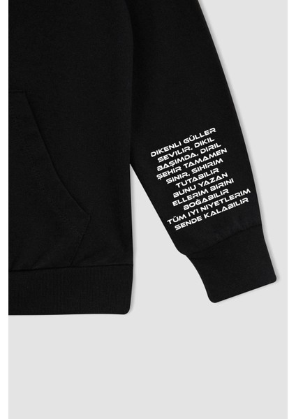 Motive Romantik Ön ve Sırt Baskılı Kol Detaylı Pamuklu Oversize Unisex Siyah Sweatshirt