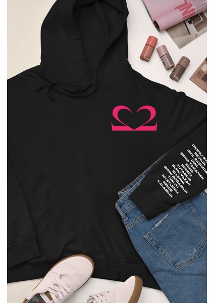Motive Romantik Ön ve Sırt Baskılı Kol Detaylı Pamuklu Oversize Unisex Siyah Sweatshirt
