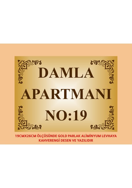Apartman Kapısı Isimliği 26CM*19CM Gold Aliminyum Levha (Kahverengi Yazı Rengi)