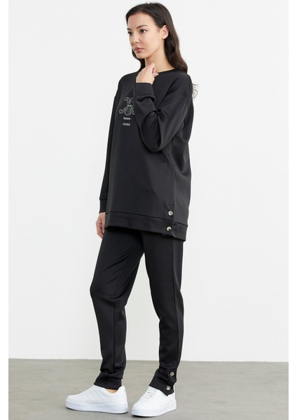 Taş Detaylı Rahat Kalıp Eşofman Takım - Siyah fırsatları