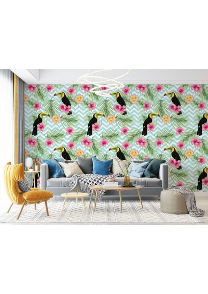 Tropikal Papağanlar Çiçekli Ağaç Yaprakları Duvar Kağıdı-5570