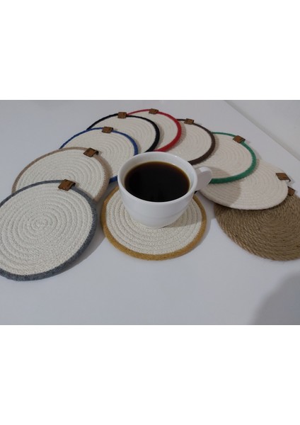 6 Adet Bardak Altlığı Jüt Pamuk Hasır Sunum Mutfak Sofra Dekor El Yapımı Makine Dikişli - 14 cm modelleri