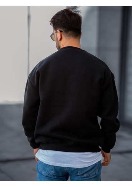 TMB Clothing Modaen Siyah Oversize Bisiklet Yaka Sweatshirt (3 Iplik-Baskısız)