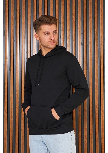 Modaen Siyah Kapuşonlu Sweatshirt (3 Iplik -Baskısız)