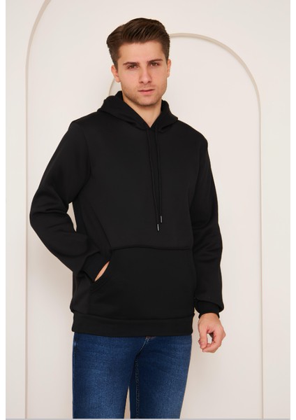 Modaen Siyah Kapuşonlu Sweatshirt (3 Iplik -Baskısız)