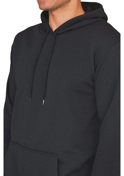 Modaen Siyah Kapuşonlu Sweatshirt (3 Iplik -Baskısız)