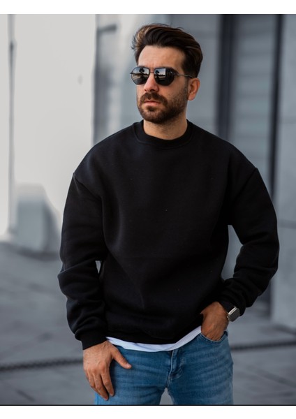 TMB Clothing Modaen Siyah Oversize Bisiklet Yaka Sweatshirt (3 Iplik-Baskısız)