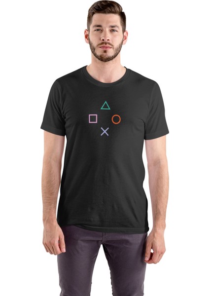 Gamer Tshirt Kare Üçgen Yuvarlak x Ps Tişört Siyah Unisex