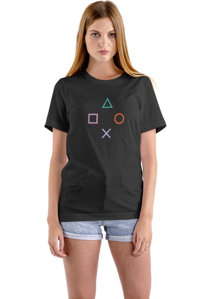 Gamer Tshirt Kare Üçgen Yuvarlak x Ps Tişört Siyah Unisex