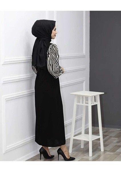 Zebra Desenli Uzun Boy Tesettür Elbise - Siyah