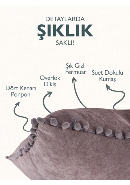 Gri Ponponlu Kırlent Kılıfı 30x50 - 6 Farklı Renk!