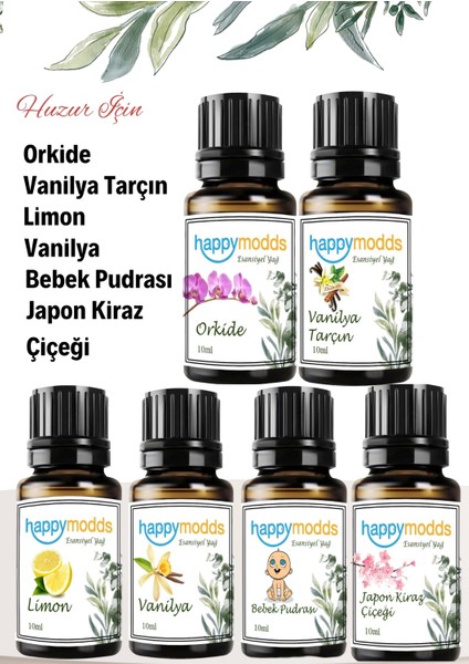 Happymodds, Huzur Için - Limon, Vanilya, Bebek Pudrası, Orkide, Japon Kiraz Çiçeği, Vanilya Tarçın Esansiyel Uçucu Yağ 10 ml