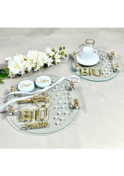 Söz Nişan Set Şeffaf Cam Yuvarlak Tepsi Seti