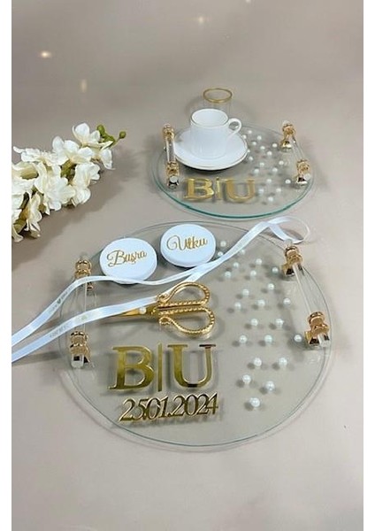Söz Nişan Set Şeffaf Cam Yuvarlak Tepsi Seti