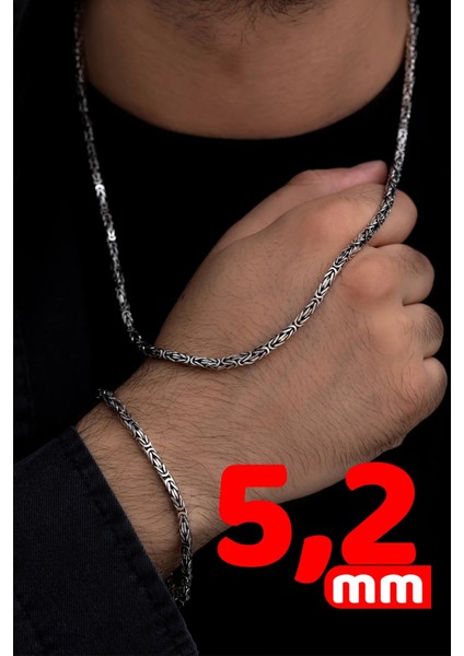 Erkek Gümüş Kolye Bileklik Set - 5.2mm 925 Ayar Gümüş Kare Kral Model Set