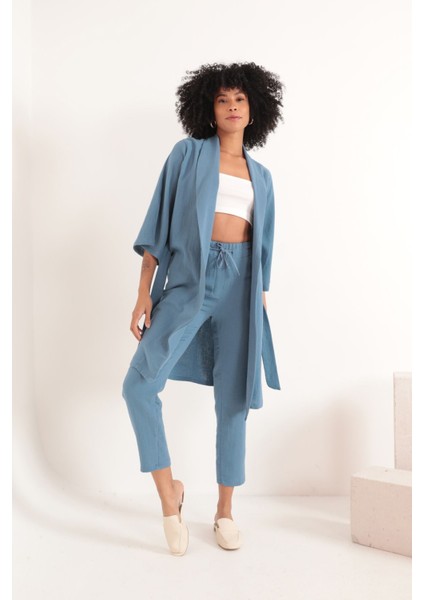 Lody Mood Müslin Kumaş Oversize Kadın Kimono-Indigo