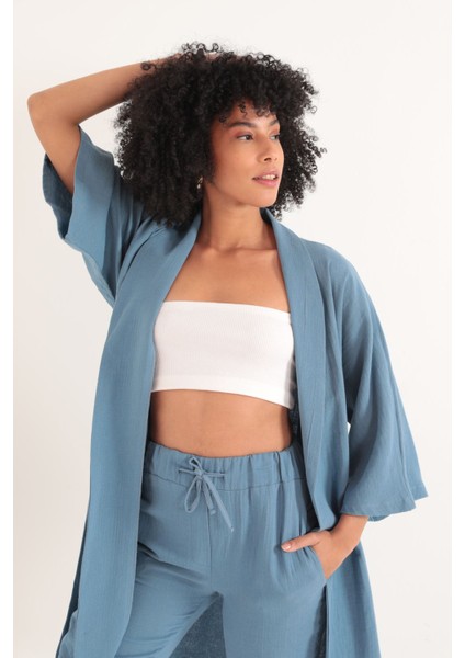 Lody Mood Müslin Kumaş Oversize Kadın Kimono-Indigo