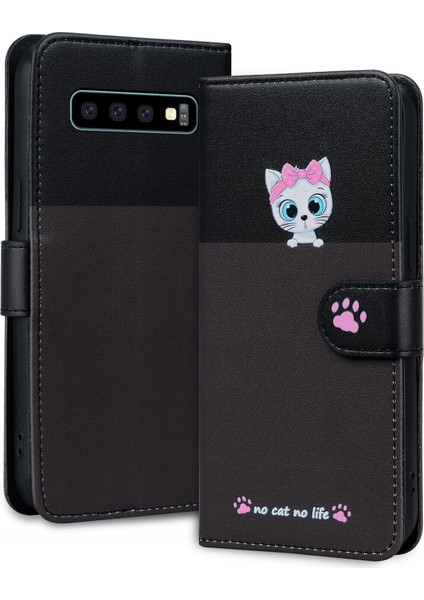 Uyumlu Samsung Galaxy S10 Sevimli Hayvan Desenli Kart Yuvalı Cüzdan Kılıfı (Yurt Dışından)