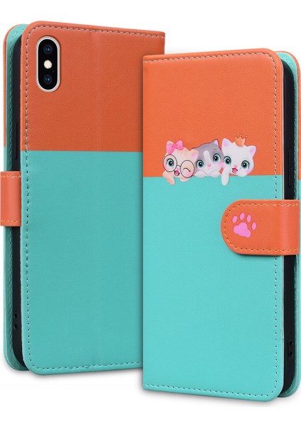 Uyumlu iPhone Xs Max Sevimli Hayvan Desenli Kart Yuvalı Cüzdan Kılıfı (Yurt Dışından)