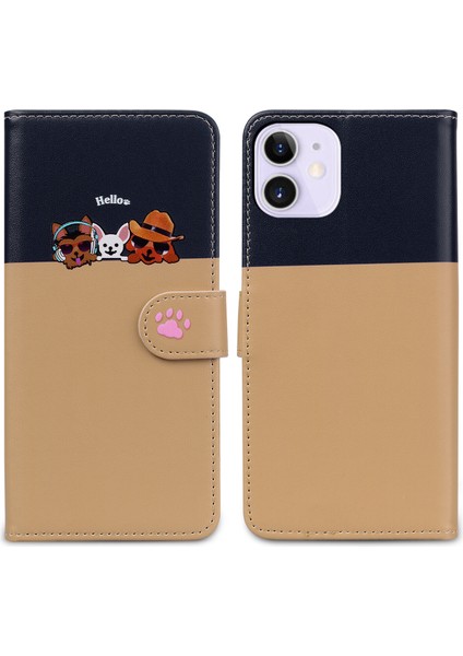 Uyumlu iPhone 12 Mini Sevimli Hayvan Desenli Kart Yuvalı Cüzdan Kılıfı (Yurt Dışından)