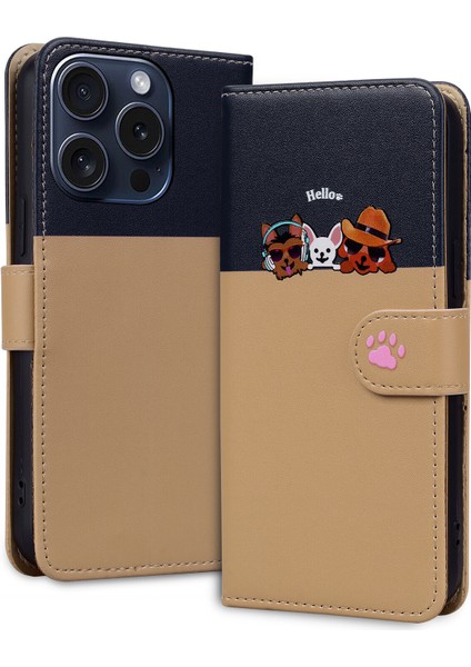Uyumlu iPhone 15 Pro Sevimli Hayvan Desenli Kart Yuvalı Cüzdan Kılıfı (Yurt Dışından)