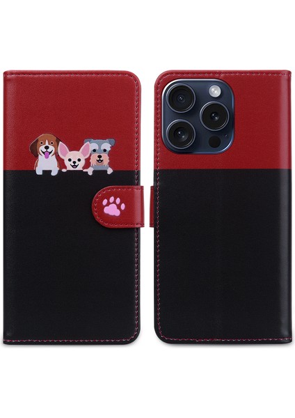 Uyumlu iPhone 15 Pro Sevimli Hayvan Desenli Kart Yuvalı Cüzdan Kılıfı (Yurt Dışından)