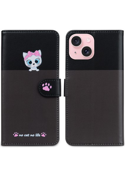 Uyumlu iPhone 15 Plus Sevimli Hayvan Desenli Kart Yuvalı Cüzdan Kılıfı (Yurt Dışından)