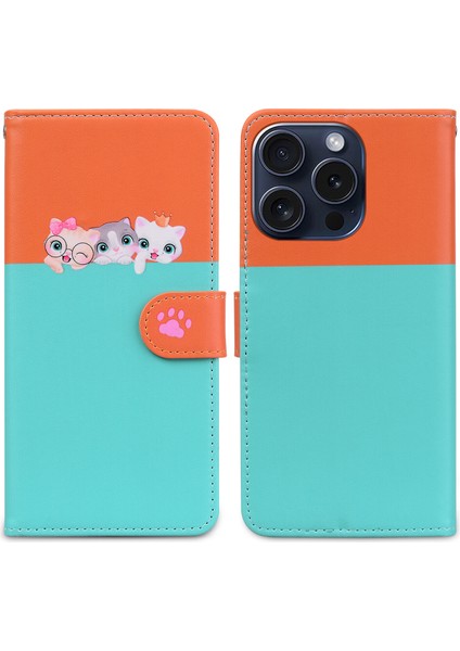 Uyumlu iPhone 15 Pro Sevimli Hayvan Desenli Kart Yuvalı Cüzdan Kılıfı (Yurt Dışından)