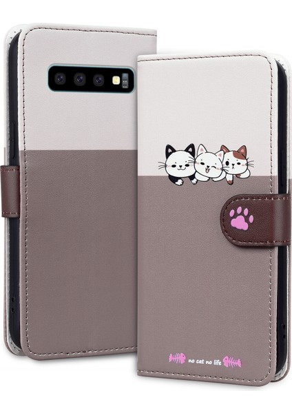 Uyumlu Samsung Galaxy S10 Sevimli Hayvan Desenli Kart Yuvalı Cüzdan Kılıfı (Yurt Dışından)
