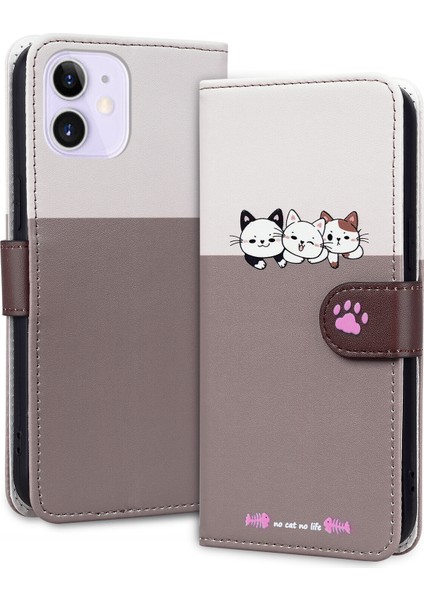 Uyumlu iPhone 12 Sevimli Hayvan Desenli Kart Yuvalı Cüzdan Kılıfı (Yurt Dışından)