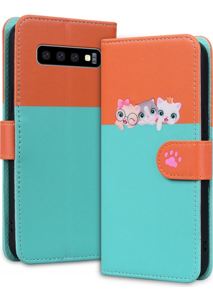 Uyumlu Samsung Galaxy S10 Sevimli Hayvan Desenli Kart Yuvalı Cüzdan Kılıfı (Yurt Dışından)