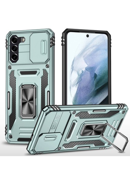 Samsung Galaxy S21+ 5g Slayt Lens Kapağı Pc+ Tpu Ring Kickstand Cep Telefonu Anti-Drop Case-Alpin Yeşil (Yurt Dışından)