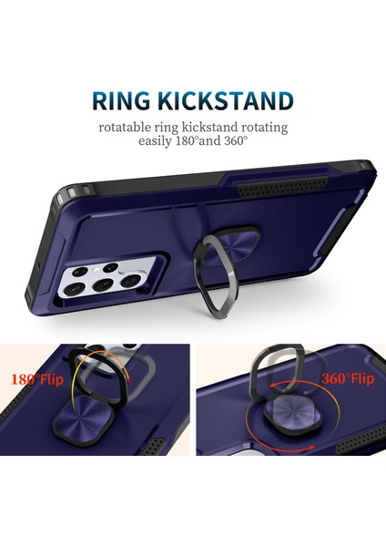 Samsung Galaxy S22 Ultra 5g Için 3-1 Arada Yüzük Tutucu Telefon Kickstand Koruyucu Telefon Geri Kapak-Navy Mavi (Yurt Dışından)