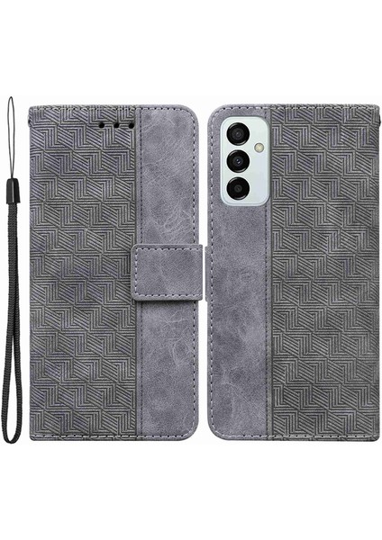 Samsung Galaxy M13 4g Için Pu Deri Koruyucu Kabuk, Geometri Baskılı Şok Geçirmez Kasık Telefon Standı Cüzdan Kapağı Strap-Grey (Yurt Dışından)