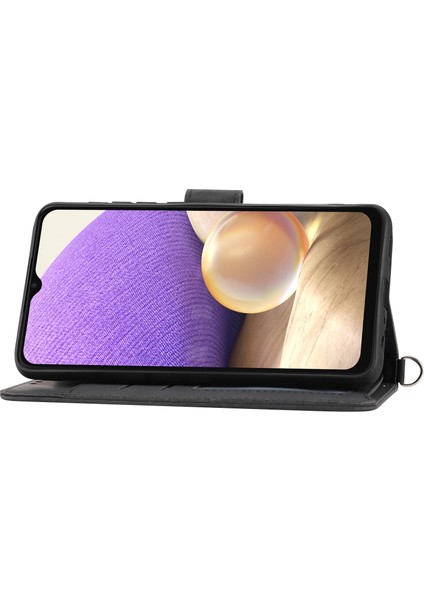 Samsung Galaxy A32 5G/M32 5g Baskılı Çiçekler Anti-Fall Anti-Fall Telefon Kılıfı Cilt Doku Pu Deri Cüzdan Stand Çok Kart Yuvası Akıllı Telefon Kapağı Iki Kayış-Siyah (Yurt Dışından)