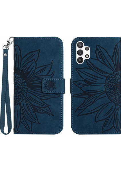 Samsung Galaxy A32 4g (Ab Versiyonu) HT04 Cilt Dokunuşlu Pu Deri Tam Koruma Cüzdan Kılıfı Baskılı Ayçiçeği Ayarlanabilir Stand Kapağı El Strap-Dark Mavi (Yurt Dışından)