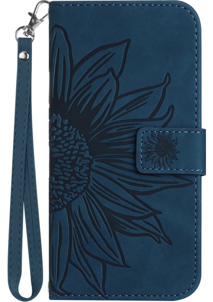 Samsung Galaxy A32 4g (Ab Versiyonu) HT04 Cilt Dokunuşlu Pu Deri Tam Koruma Cüzdan Kılıfı Baskılı Ayçiçeği Ayarlanabilir Stand Kapağı El Strap-Dark Mavi (Yurt Dışından)