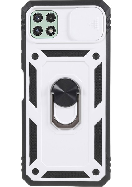 Samsung Galaxy A22 5g (Ab Versiyonu) Sürgülü Kamera Kapağı Kickstand Tasarım Telefon Kılıfı Pc+Tpu Şok Geçirmez Arka Kapak Iç Kart Tutucu Işlev-Siyah/beyaz (Yurt Dışından)