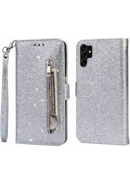 Samsung Galaxy S23 Ultra, Fermuar Cep Cüzdanı Stand Manyetik Toka Pu Deri Cep Telefonu Kapak Silver (Yurt Dışından)