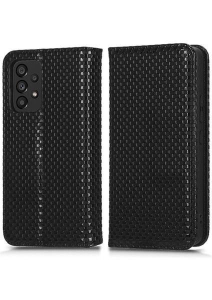 Samsung Galaxy A53 Için 5g 5g Grid Doku Pu Deri Deri Stand Cüzdan Kılıfı Manyetik Otomatik Obsorbed Folio Flip Telefon Kapağı Black (Yurt Dışından)
