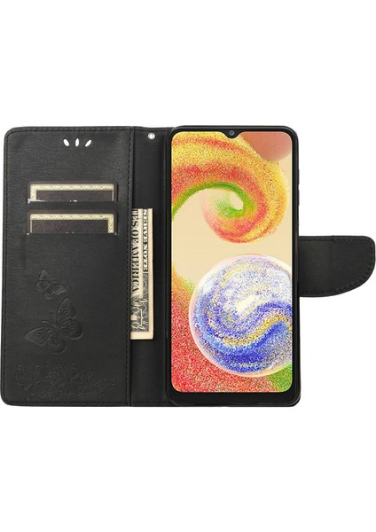 Samsung Galaxy A04 4g (164.4 x 76.3 x 9.1 Mm) Için Pu Deri Telefon Kasası, Büyük Kelebekler Çiçek Deseni Baskı Manyetik Toka Anti-Fall Cüzdan Kapak Standı Kayış-Black (Yurt Dışından)